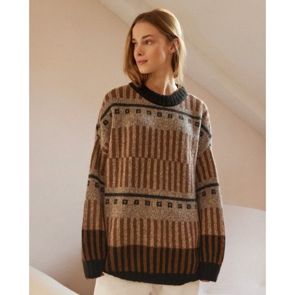 NWT The Knotty Ones Sweater Small Ethno Alpaca Geometric Tan Black Oversized